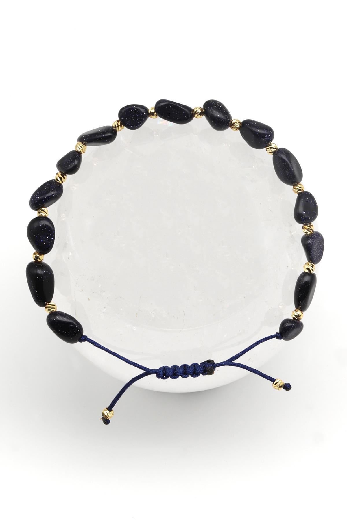 Lacivert Yıldız Taşı Doğal Taş Makrome Örme Bileklik Mercimek Kesim