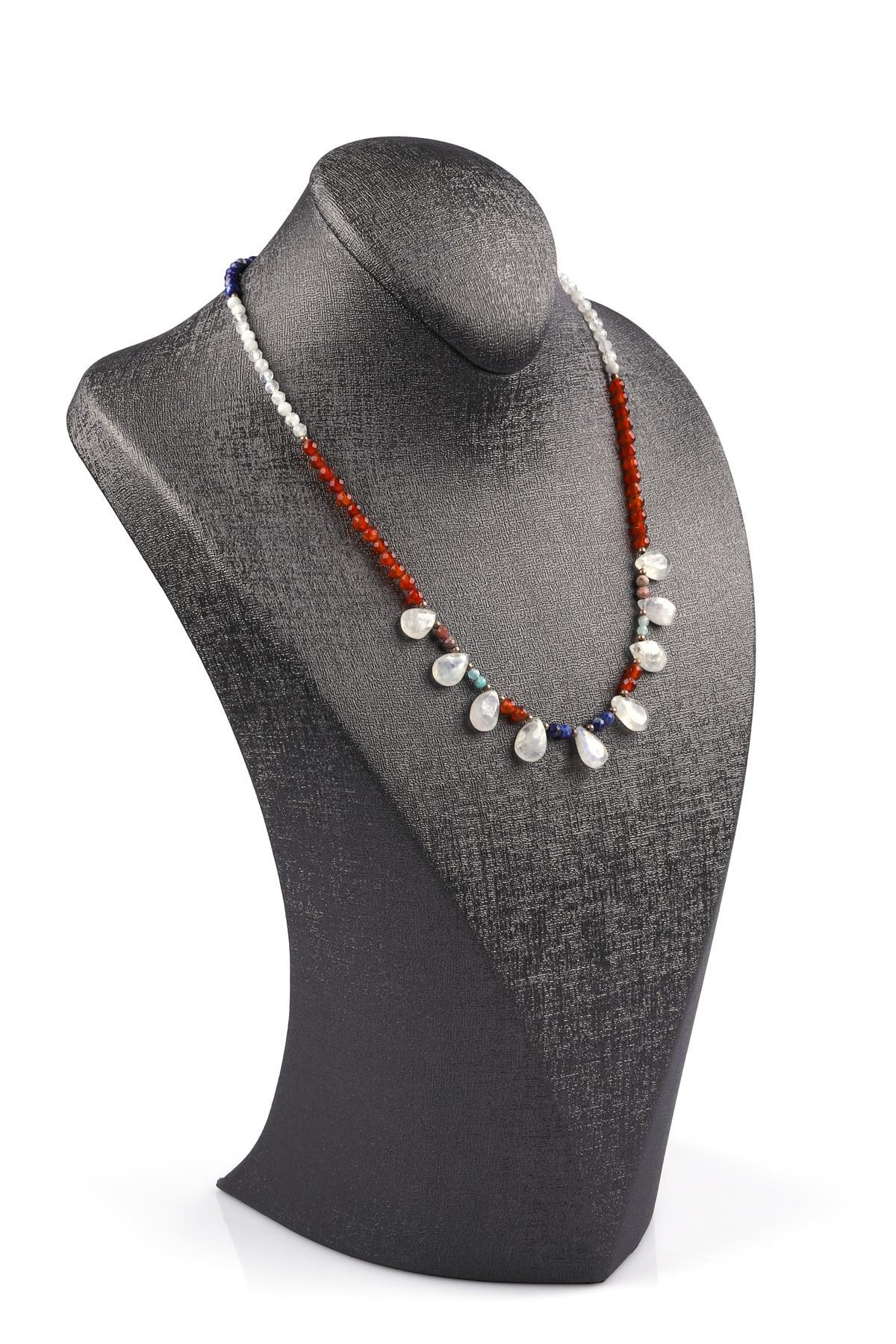 Lapis Lazuli - Ay Taşı - Akik - Rodonit - Amazonit Doğal Taş Tasarım Kolye