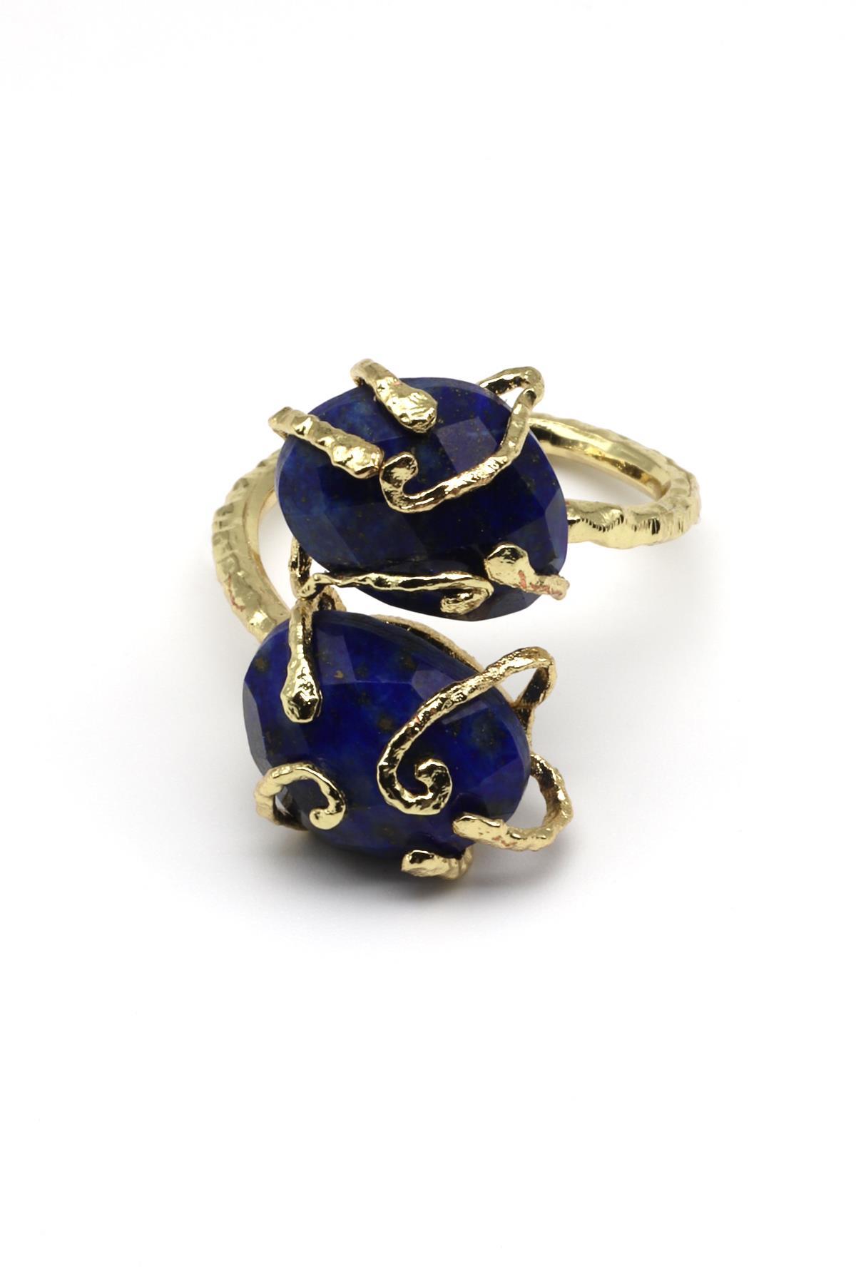 Lapis Lazuli Doğal Taş Ayarlanabilir Gold Renk Yüzük