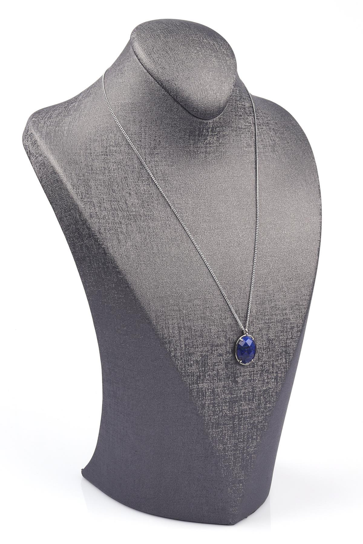 Lapis Lazuli Doğal Taş Gümüş Renkli Kolye