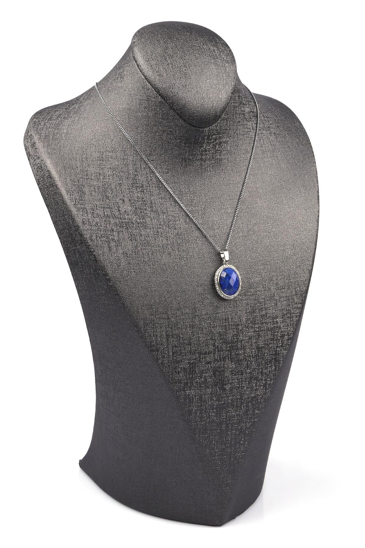 Lapis Lazuli Doğal Taş Gümüş Renkli Kolye