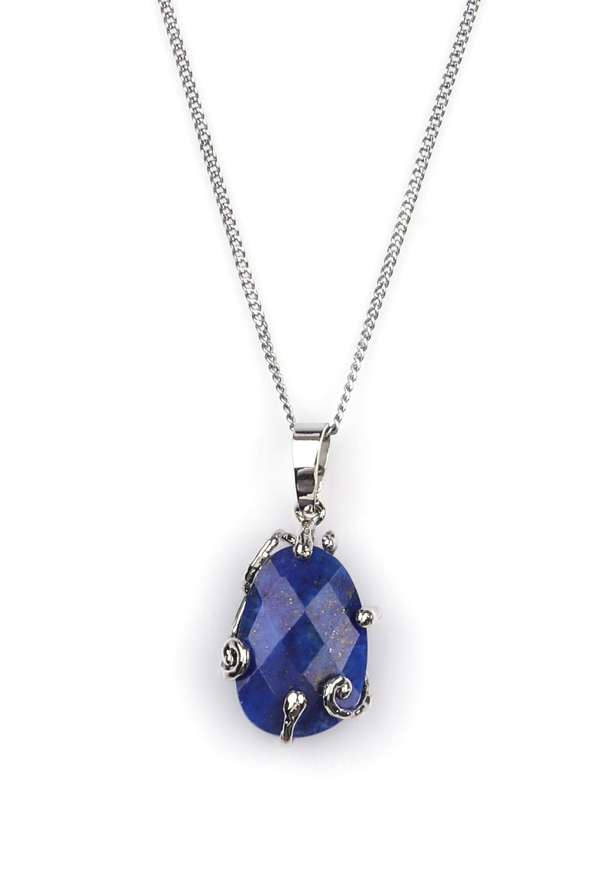 Lapis Lazuli Doğal Taş Gümüş Renkli Kolye