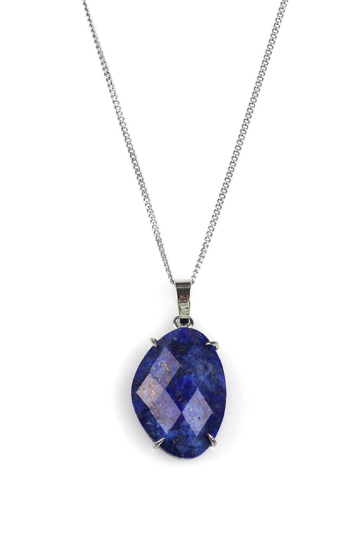 Lapis Lazuli Doğal Taş Gümüş Renkli Kolye