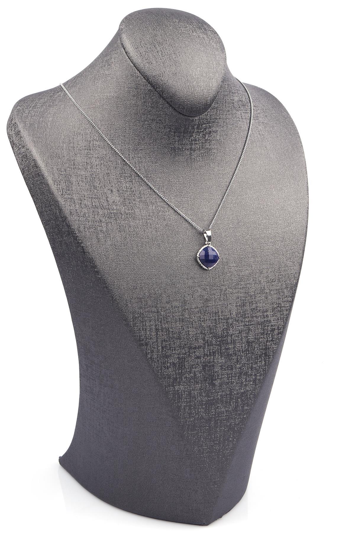 Lapis Lazuli Doğal Taş Gümüş Renkli Kolye