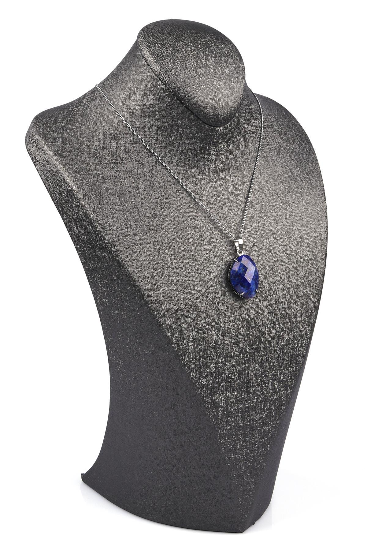 Lapis Lazuli Doğal Taş Gümüş Renkli Kolye