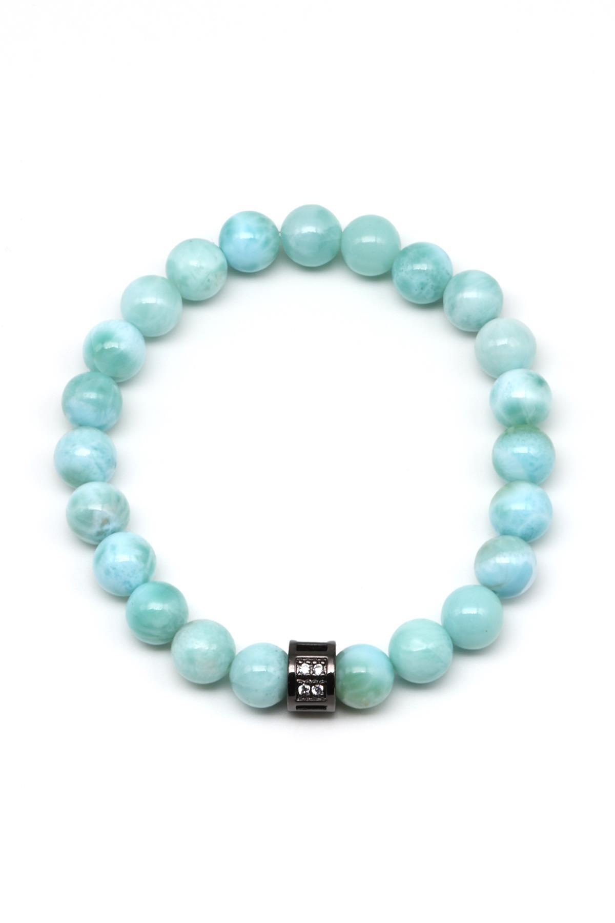 Larimar Doğal Taş Zirkon Aparatlı Bileklik 8 mm Küre Kesim
