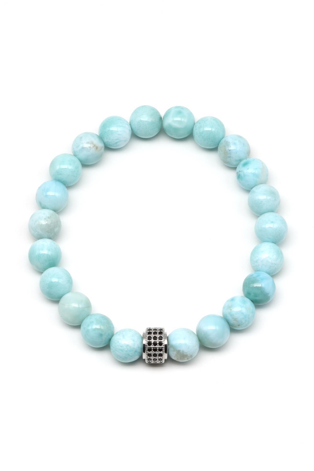 Larimar Doğal Taş Zirkon Aparatlı Bileklik 8 mm Küre Kesim