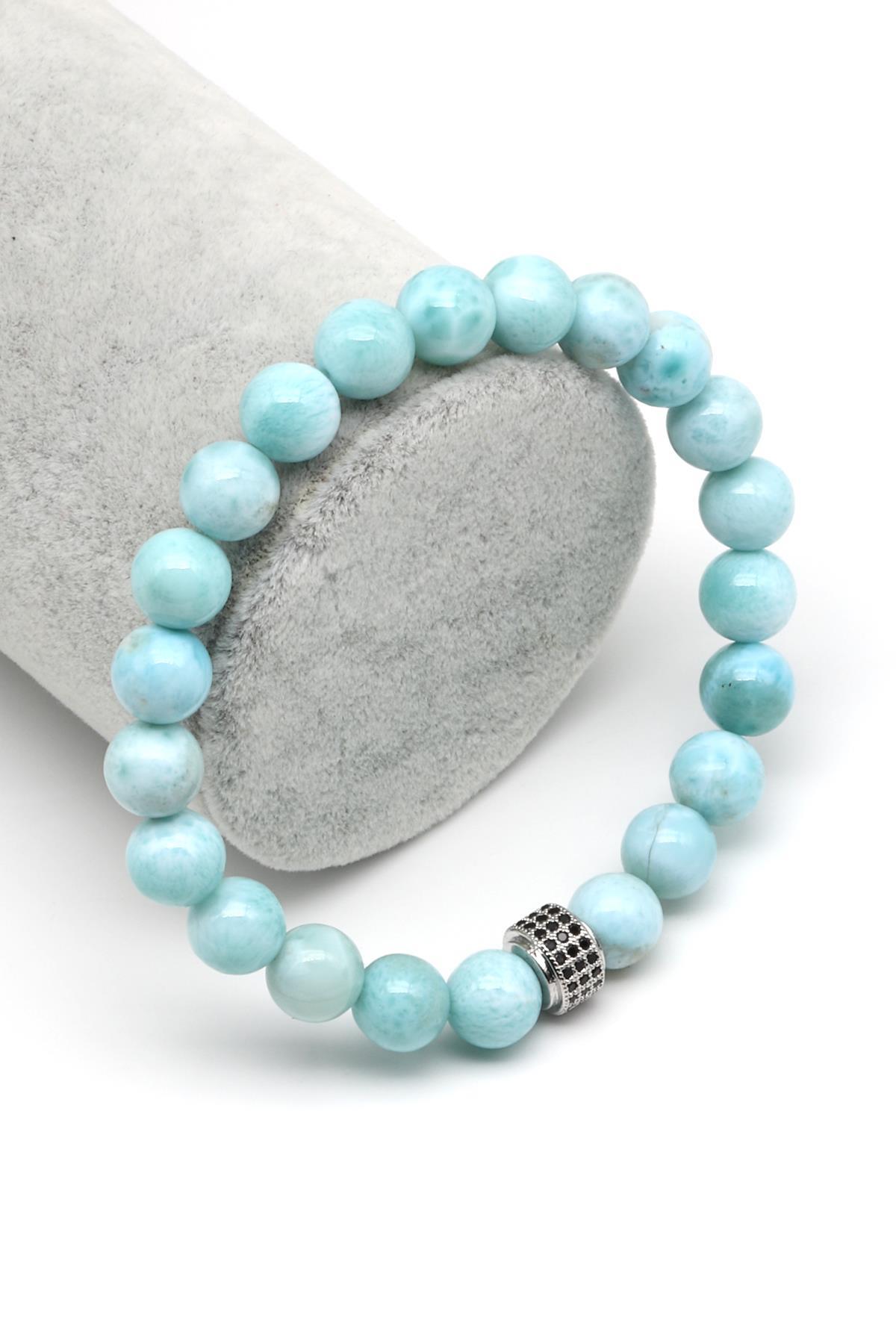 Larimar Doğal Taş Zirkon Aparatlı Bileklik 8 mm Küre Kesim