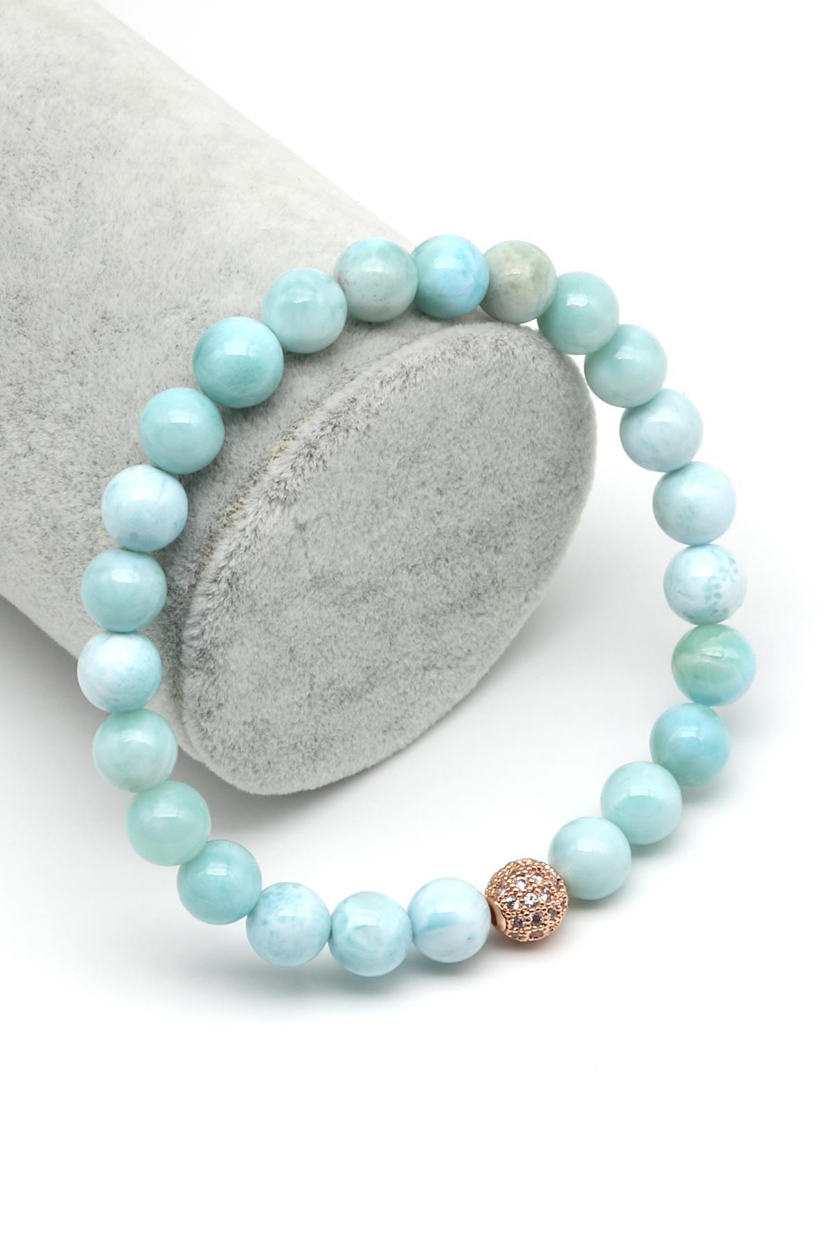 Larimar Doğal Taş Zirkon Aparatlı Bileklik 8 mm Küre Kesim