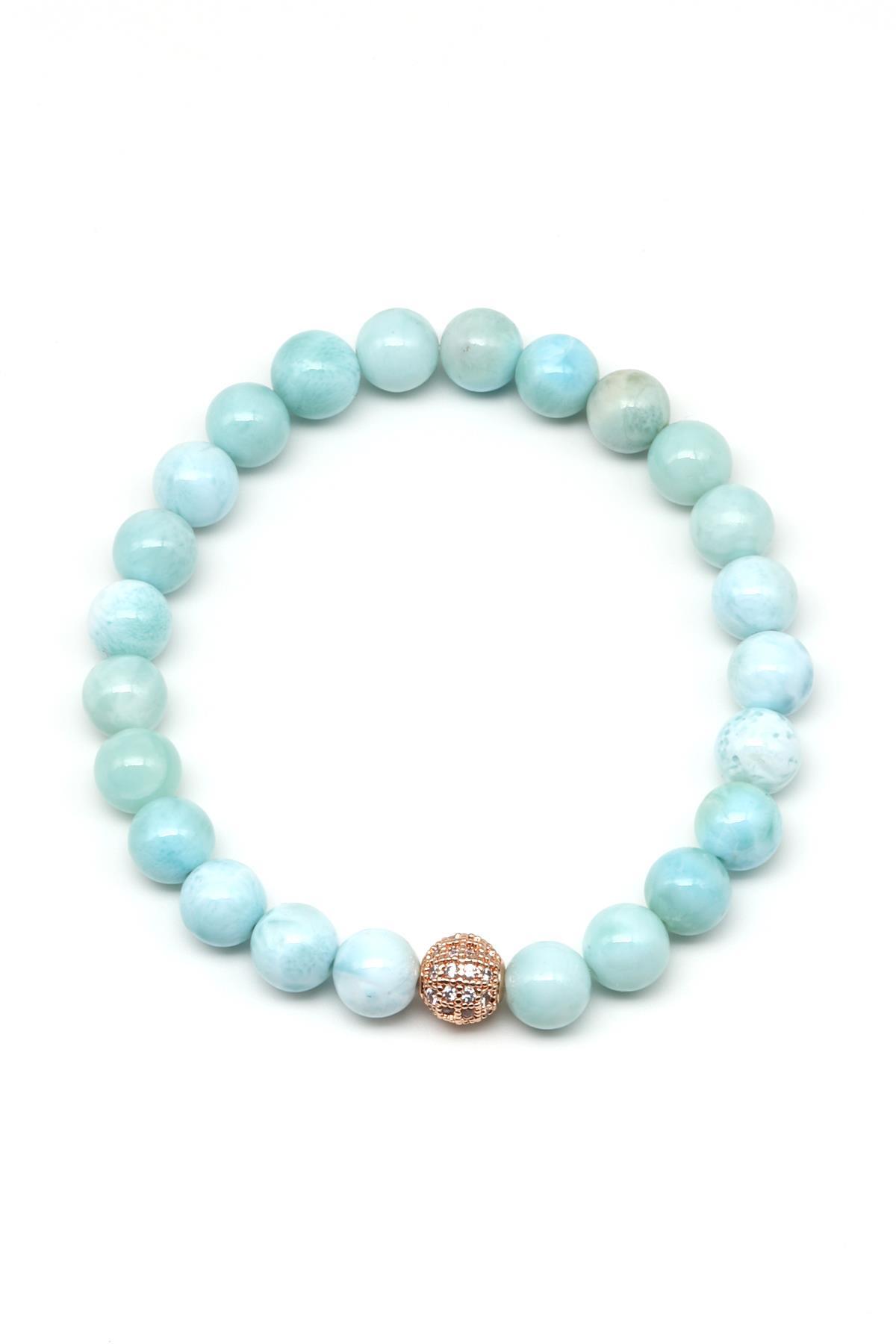 Larimar Doğal Taş Zirkon Aparatlı Bileklik 8 mm Küre Kesim