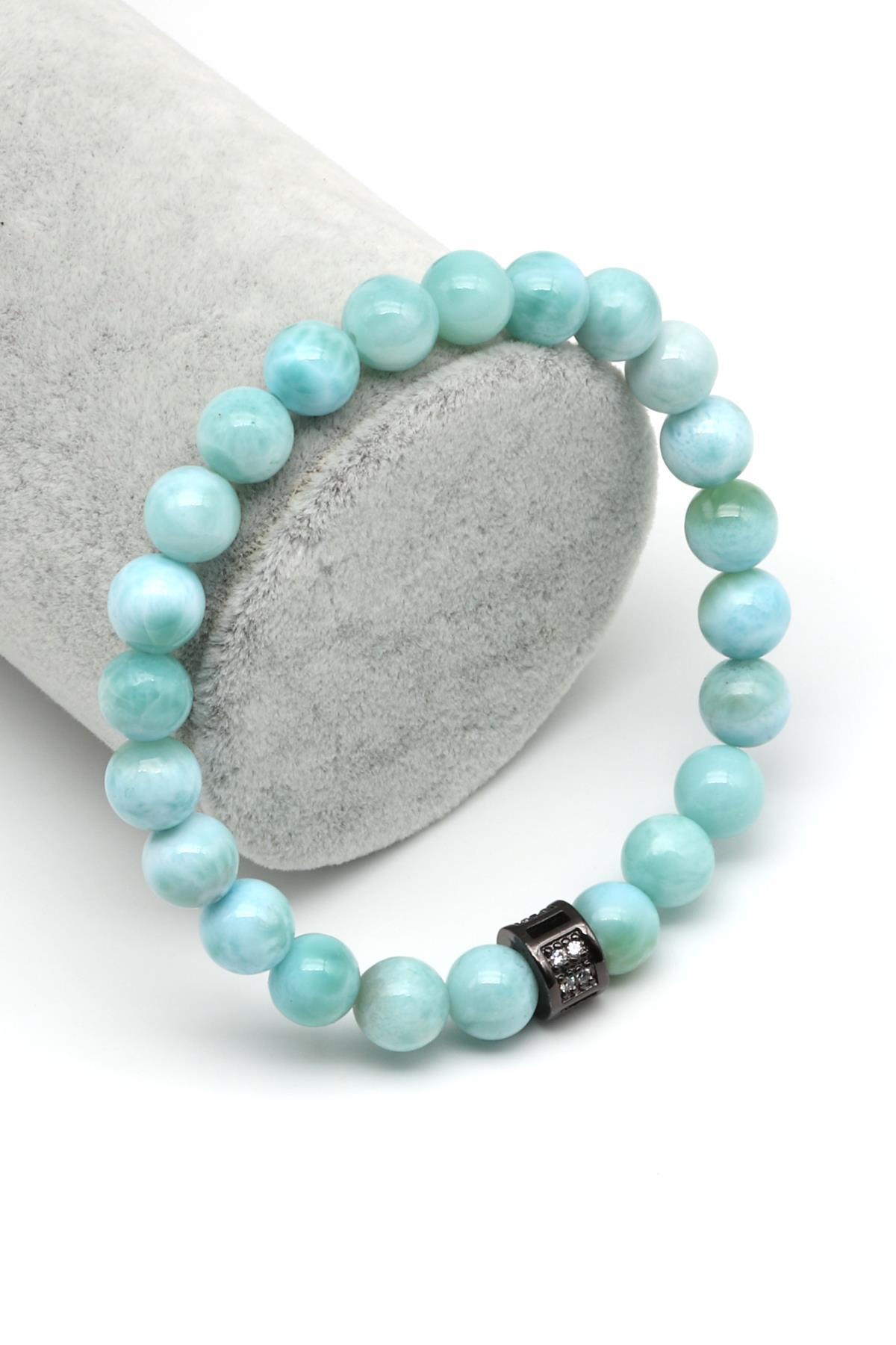 Larimar Doğal Taş Zirkon Aparatlı Bileklik 8 mm Küre Kesim