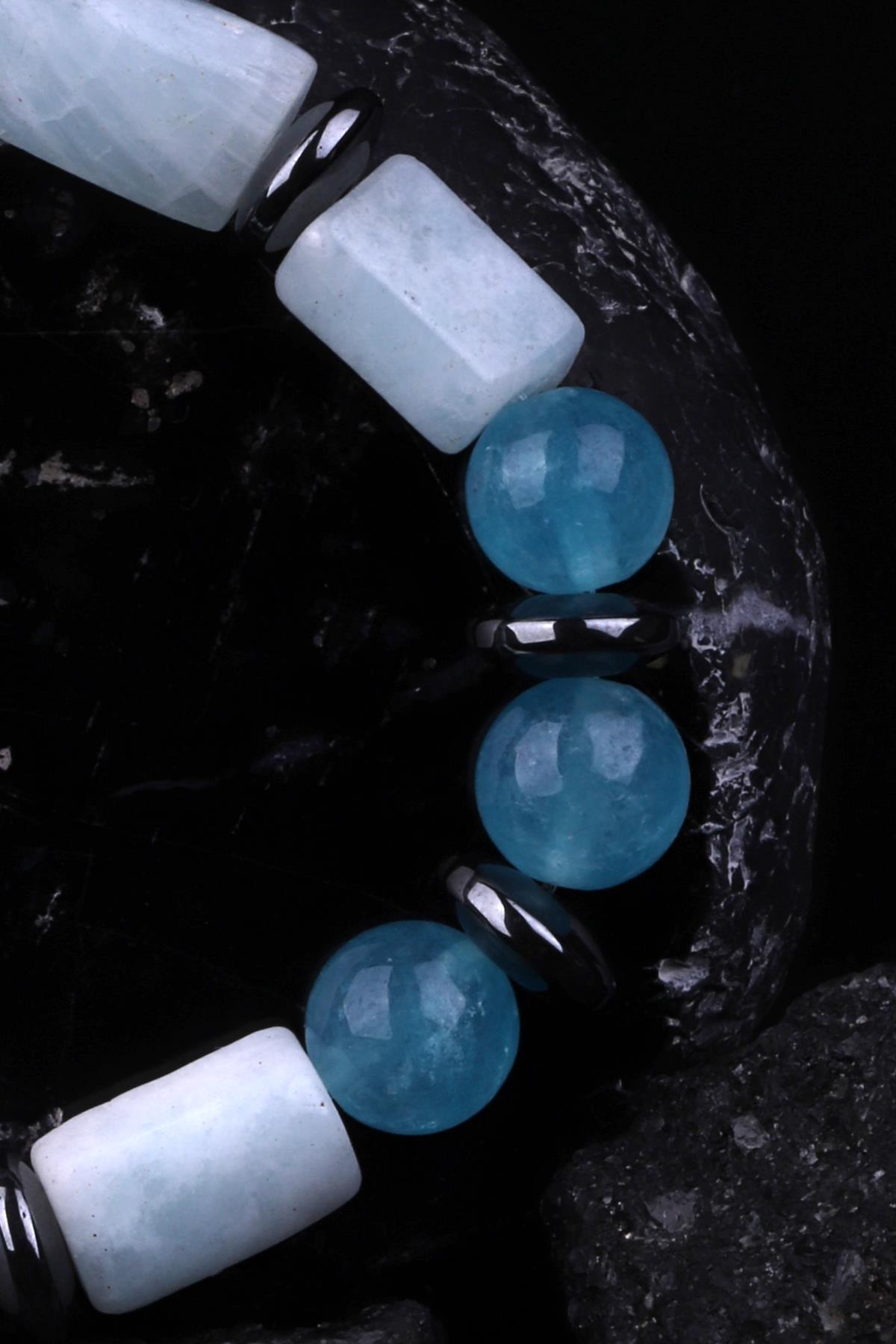 Larimar - Mavi Kuvars - Hematit Doğal Taş Tasarım Bileklik