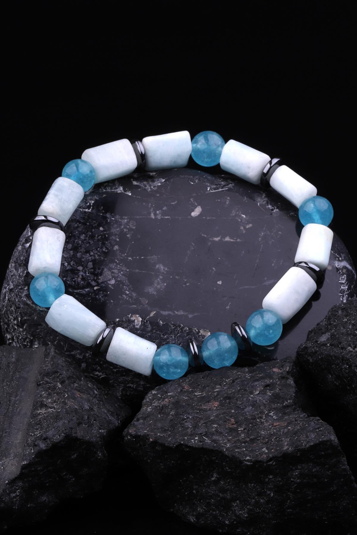 Larimar - Mavi Kuvars - Hematit Doğal Taş Tasarım Bileklik