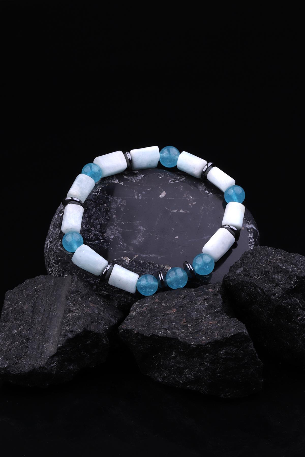Larimar - Mavi Kuvars - Hematit Doğal Taş Tasarım Bileklik