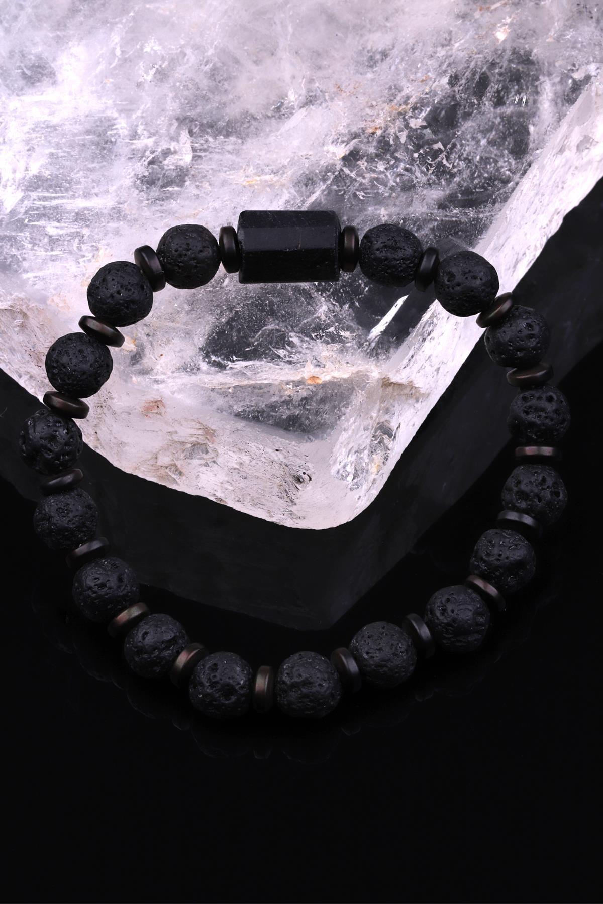 Lav - Turmalin - Hematit Doğal Taş Tasarım Bileklik 