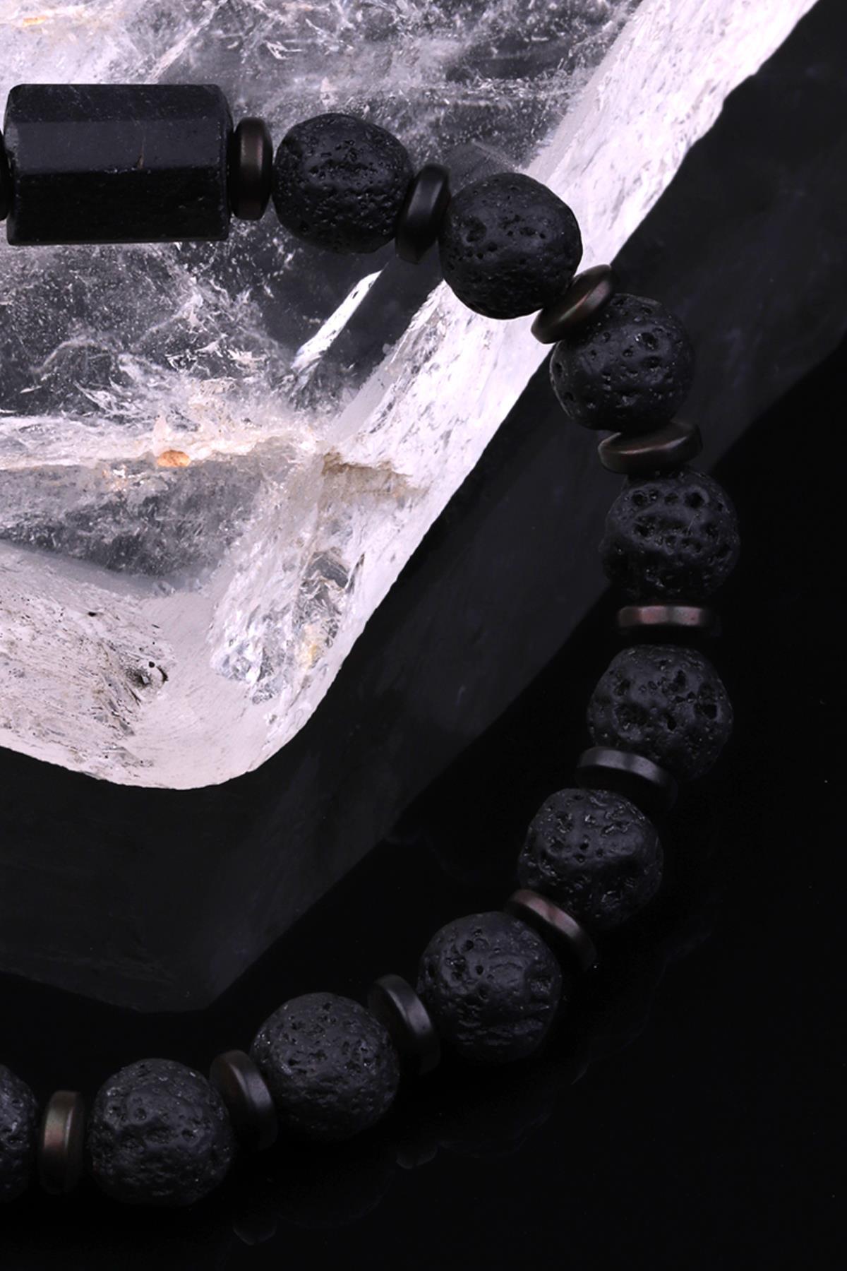 Lav - Turmalin - Hematit Doğal Taş Tasarım Bileklik 