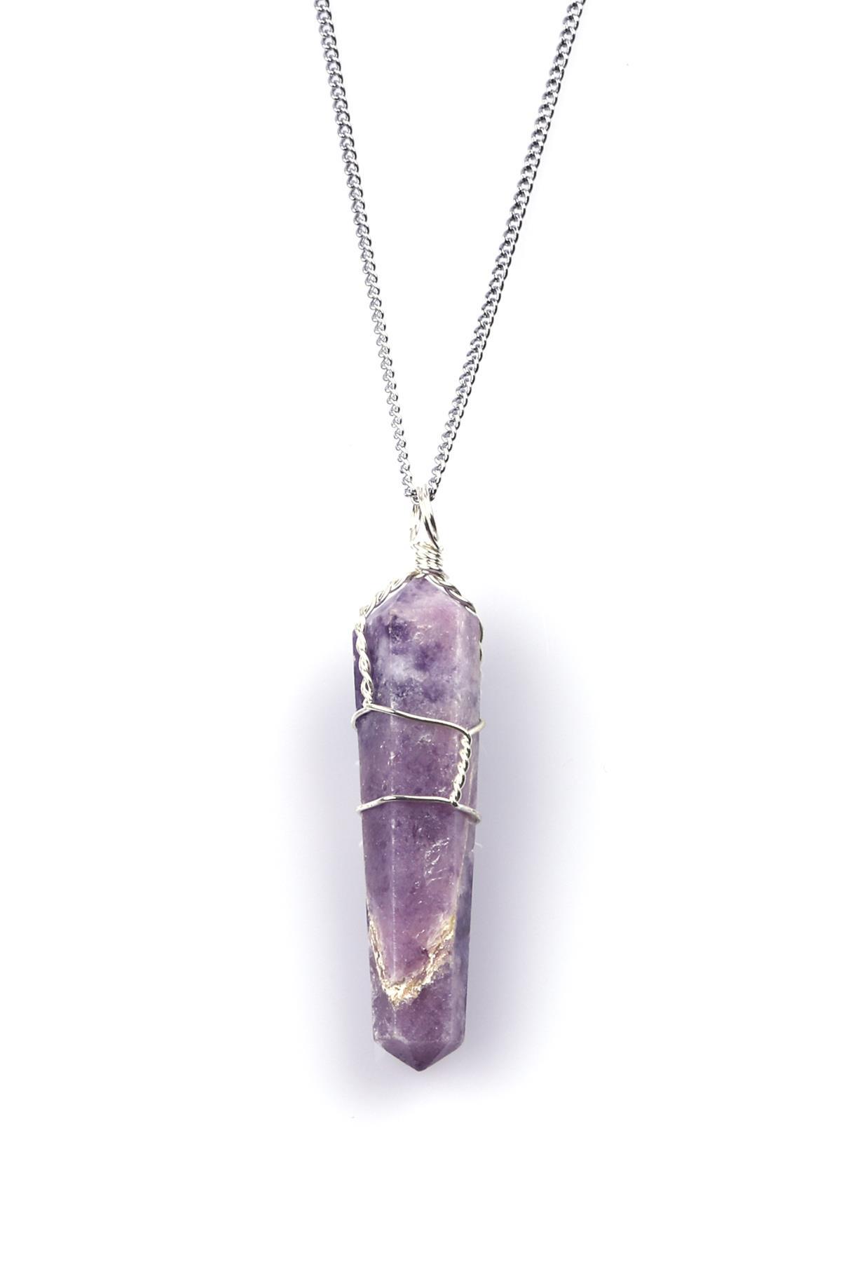 Lepidolit Taşı Doğal Taş Tel Sarmalı Kolye