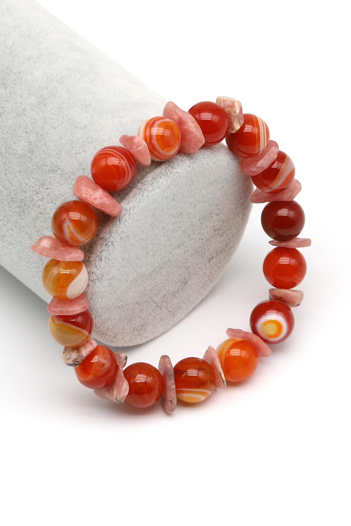 Madagaskar Akik-Rodokrozit Doğal Taş Tasarım Bileklik 10 mm Küre Kesim