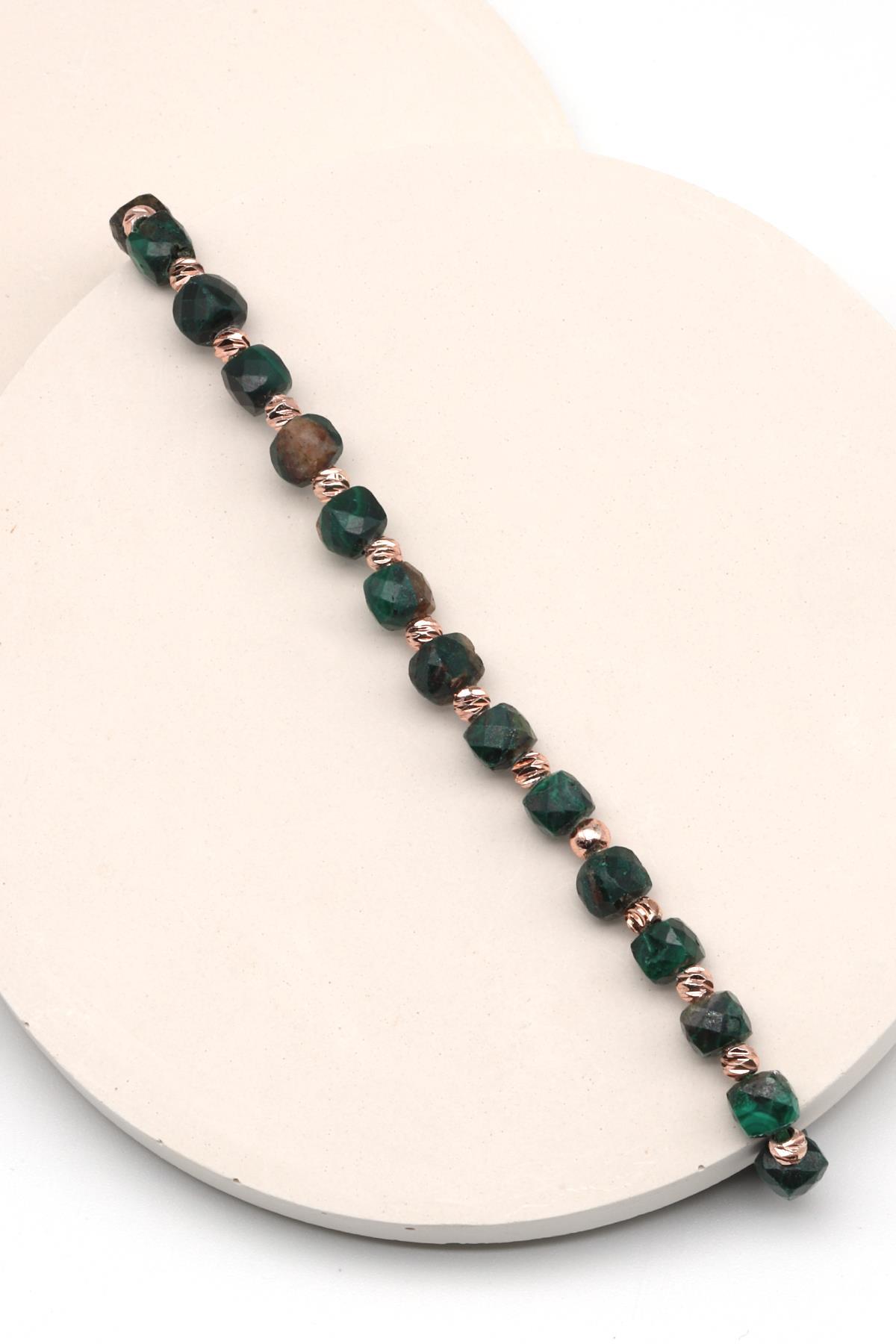 Malakit Doğal Taş Makrome Örme Bileklik Küp Kesim