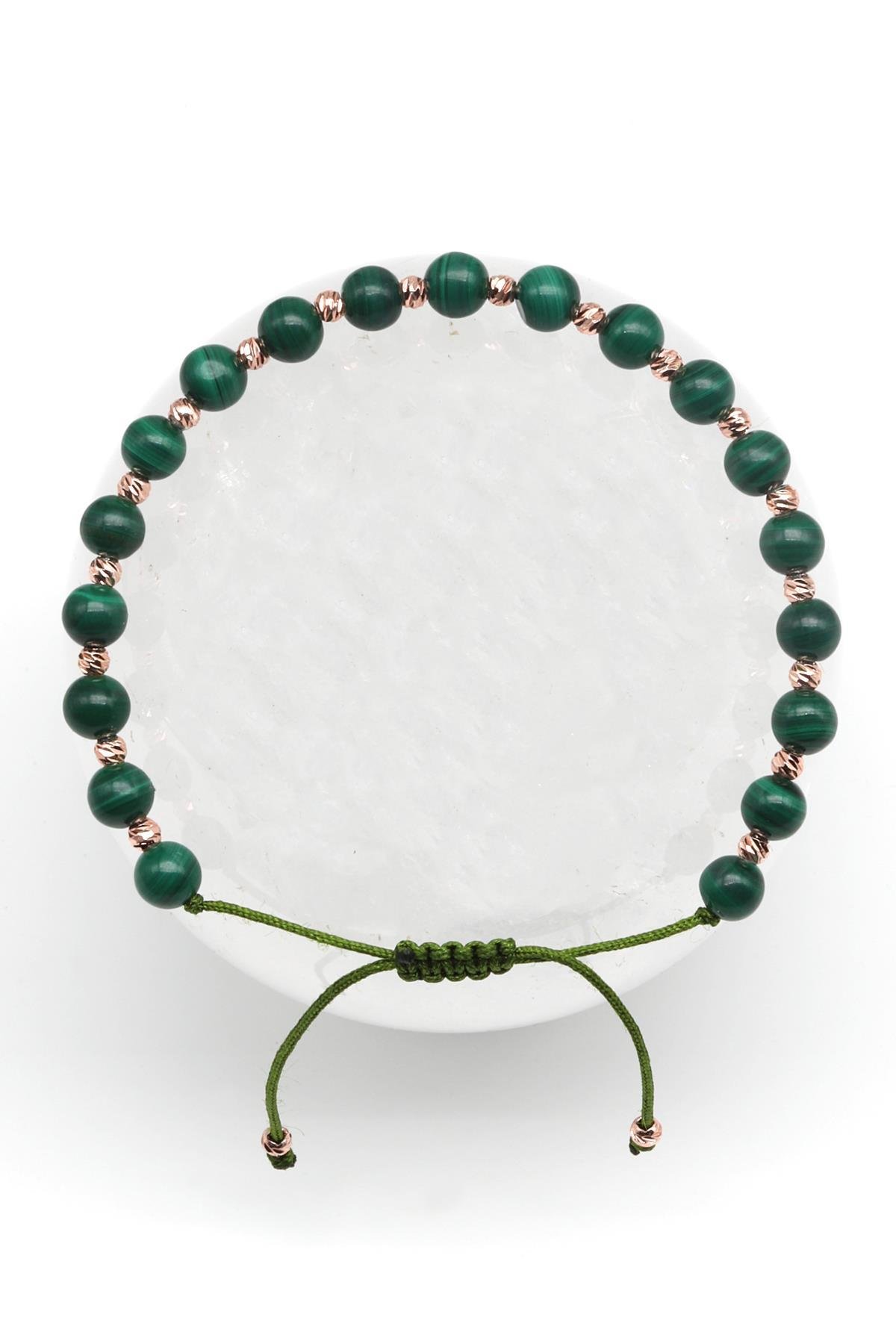 Malakit Doğal Taş Makrome Örme Bileklik Küre Kesim