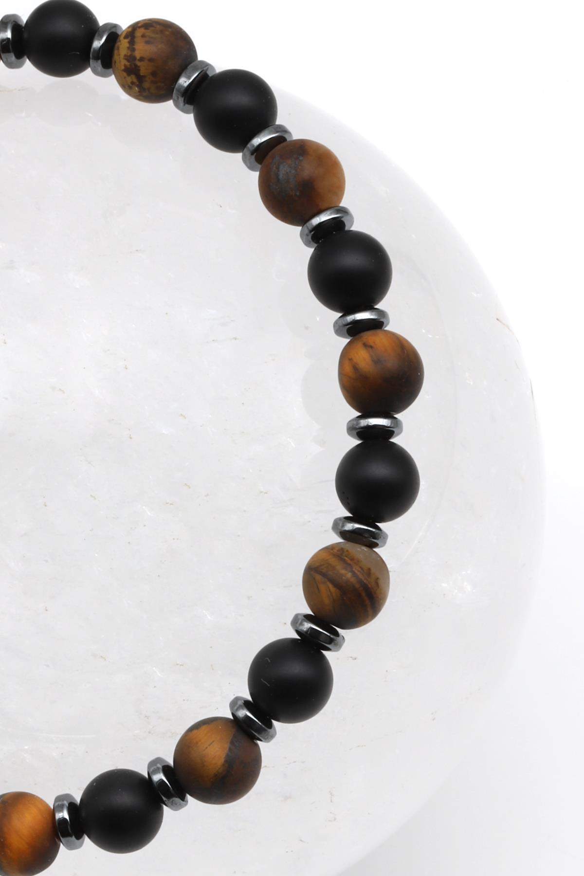 Mat Kaplan Gözü - Mat Oniks Doğal Taş Makrome Örme Bileklik Küre Kesim