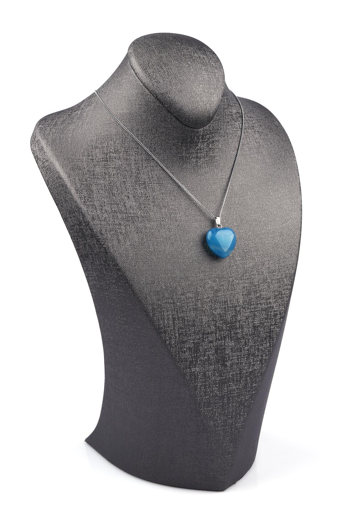 Mavi Akik Doğal Taş Kalp Model Kolye