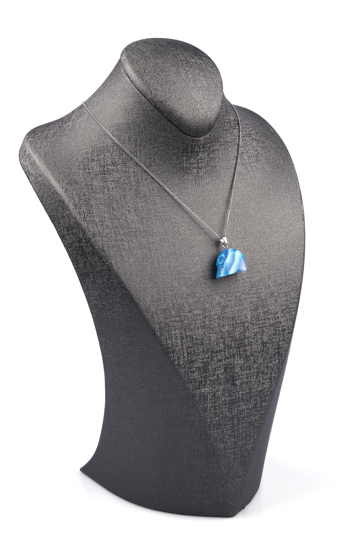 Mavi Akik Doğal Taş Kuru Kafa Model Kolye