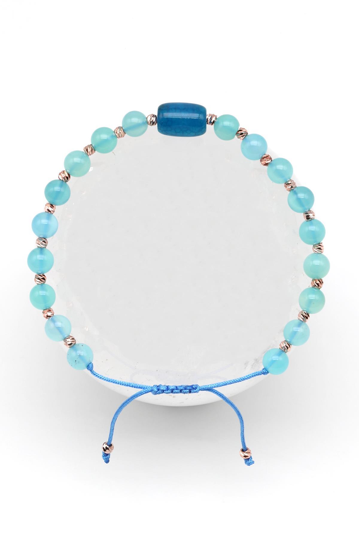 Mavi Akik Doğal Taş Makrome Örme Bileklik Küre Kesim