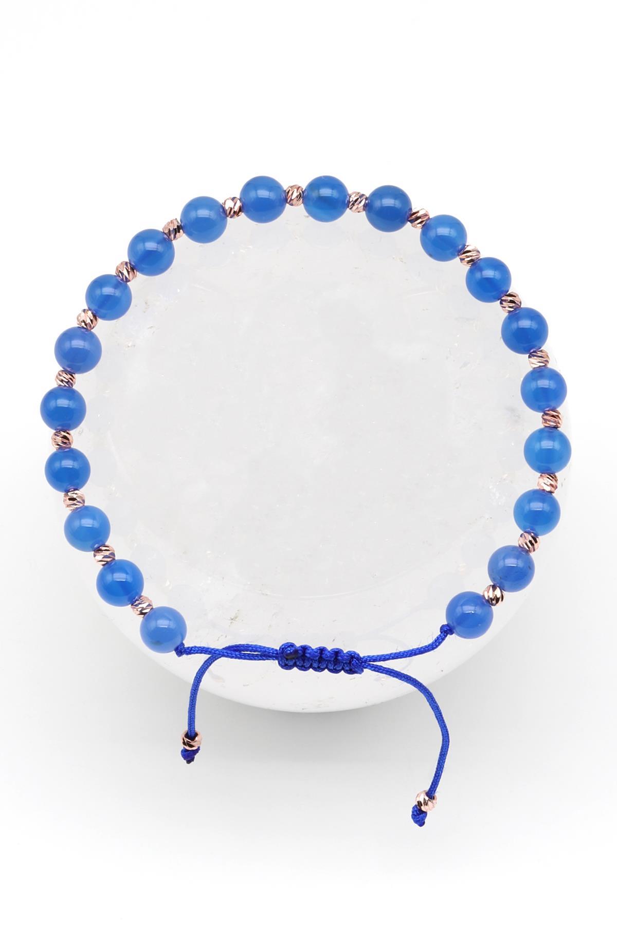 Mavi Akik Doğal Taş Makrome Örme Bileklik Küre Kesim