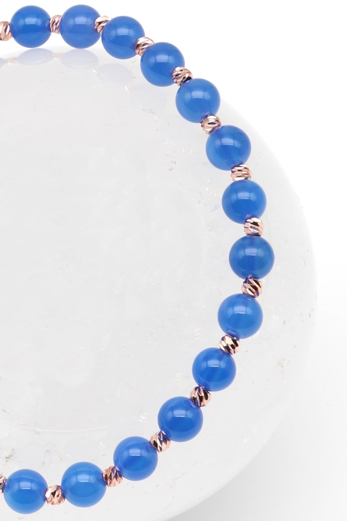 Mavi Akik Doğal Taş Makrome Örme Bileklik Küre Kesim