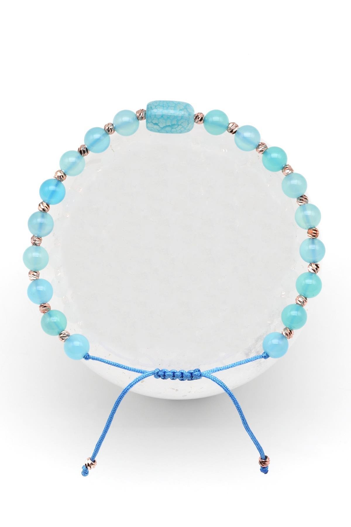 Mavi Akik Doğal Taş Makrome Örme Bileklik Küre Kesim