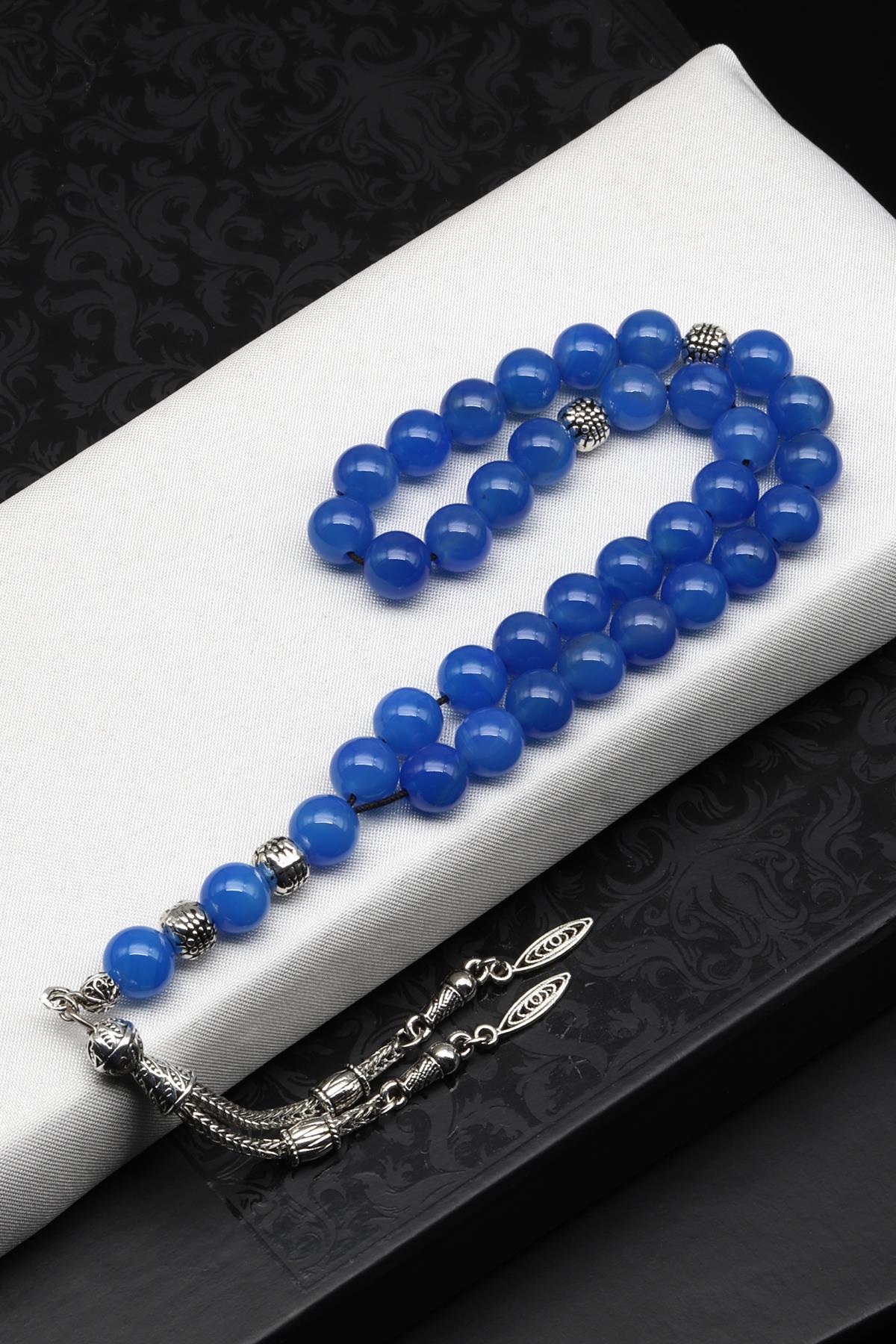 Mavi Akik Doğal Taş Tesbih 8 mm Küre Kesim