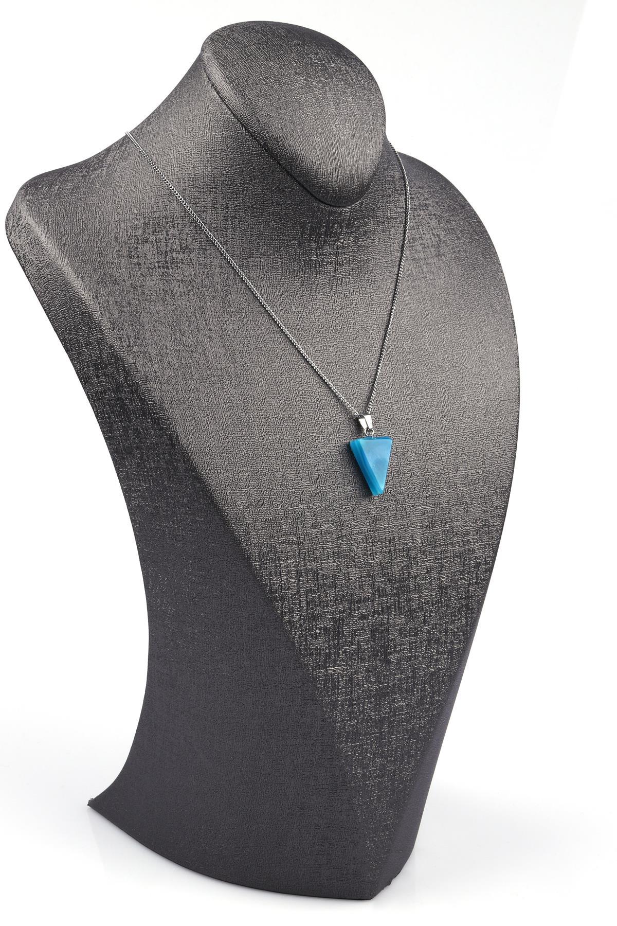 Mavi Akik Doğal Taş Üçgen Model Kolye