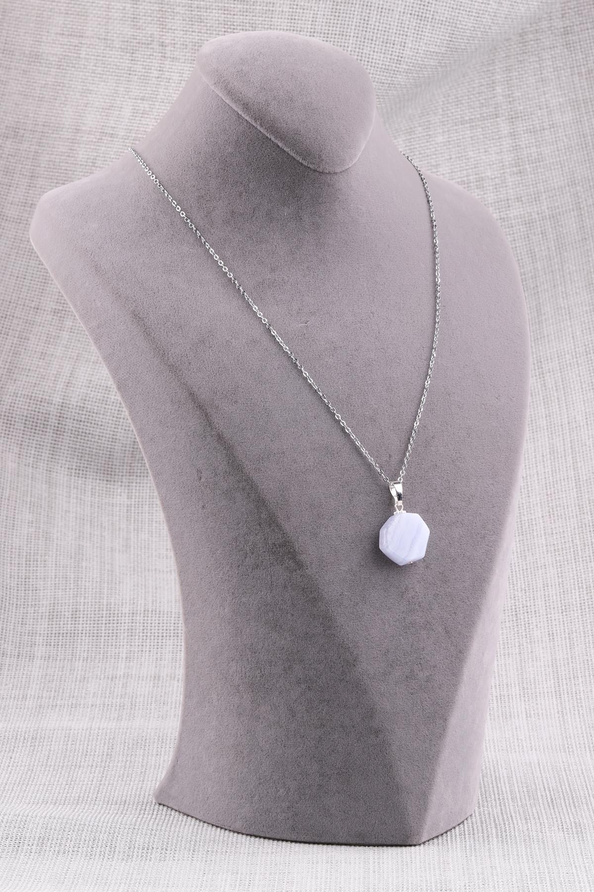 Mavi Dantelli Akik Doğal Taş Kolye