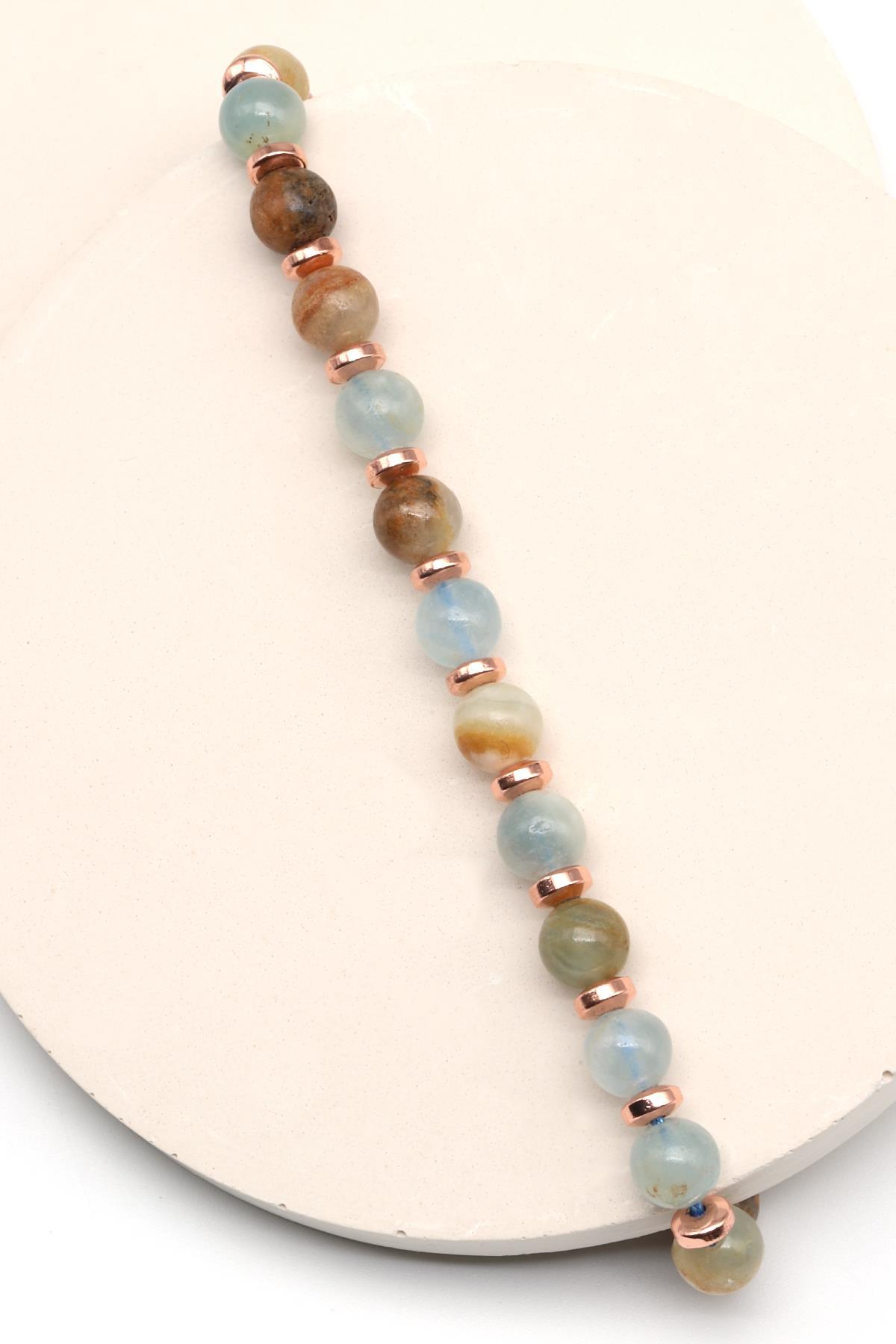 Mavi Kalsit Doğal Taş Makrome Örme Bileklik Küre Kesim