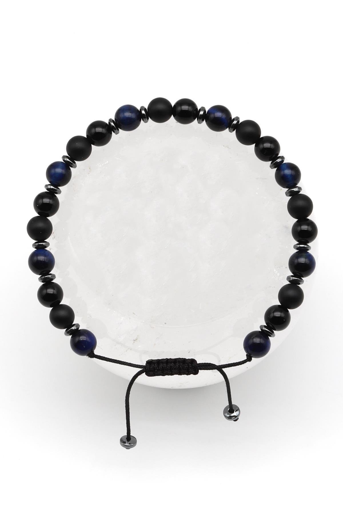 Mavi Kaplan Gözü-Oniks Doğal Taş Makrome Örme Bileklik Küre Kesim