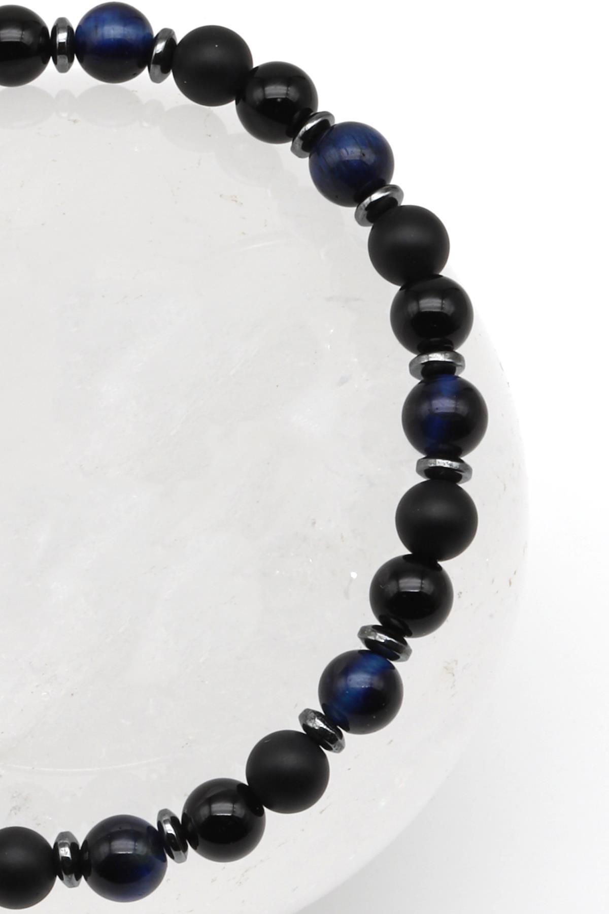 Mavi Kaplan Gözü-Oniks Doğal Taş Makrome Örme Bileklik Küre Kesim