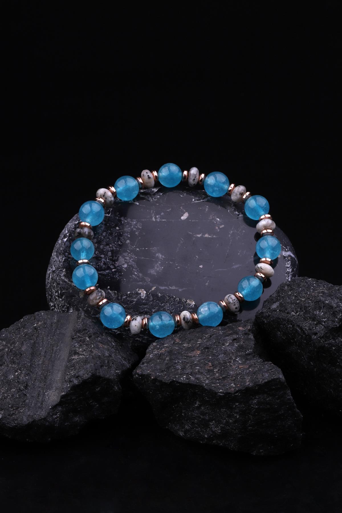 Mavi Kuvars - Jade - Hematit Doğal Taş Tasarım Bileklik