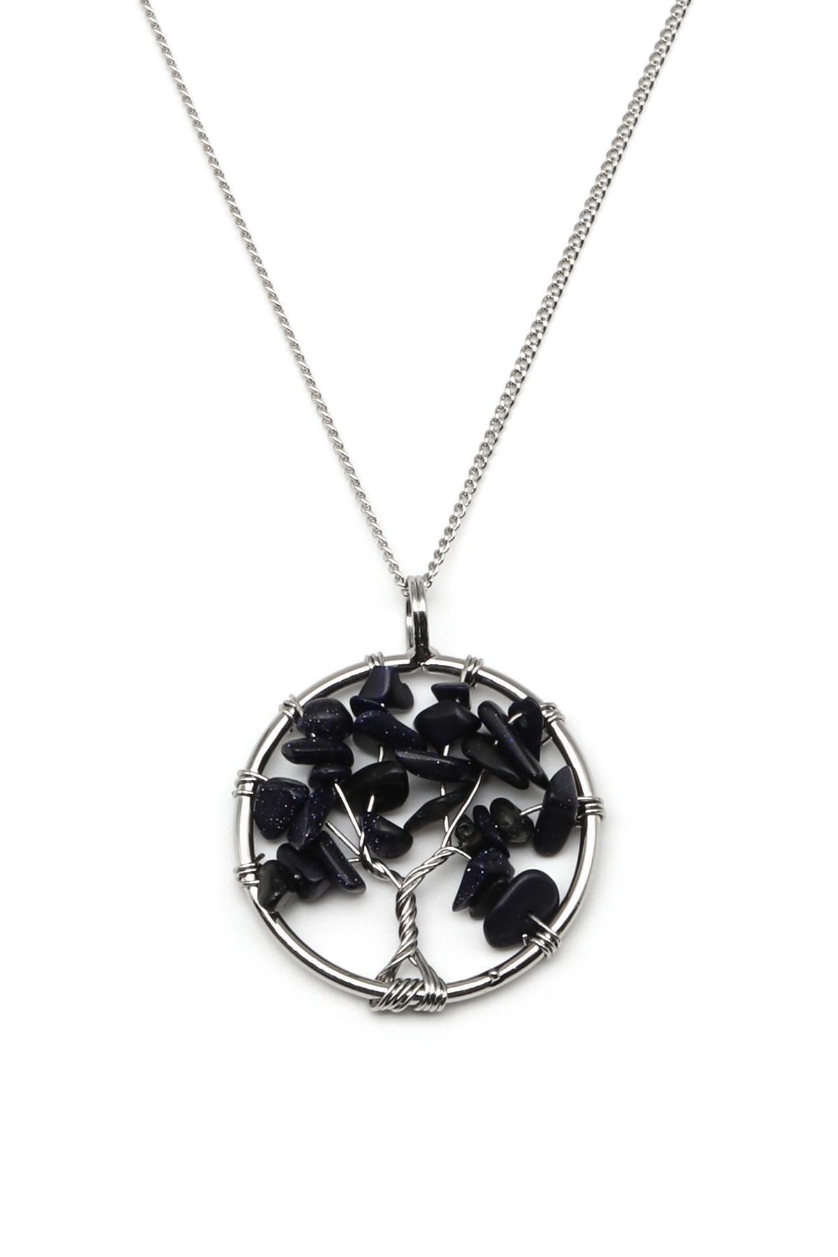 Mavi Yıldız Taşı Tel Sarmalı Hayat Ağacı Kolye