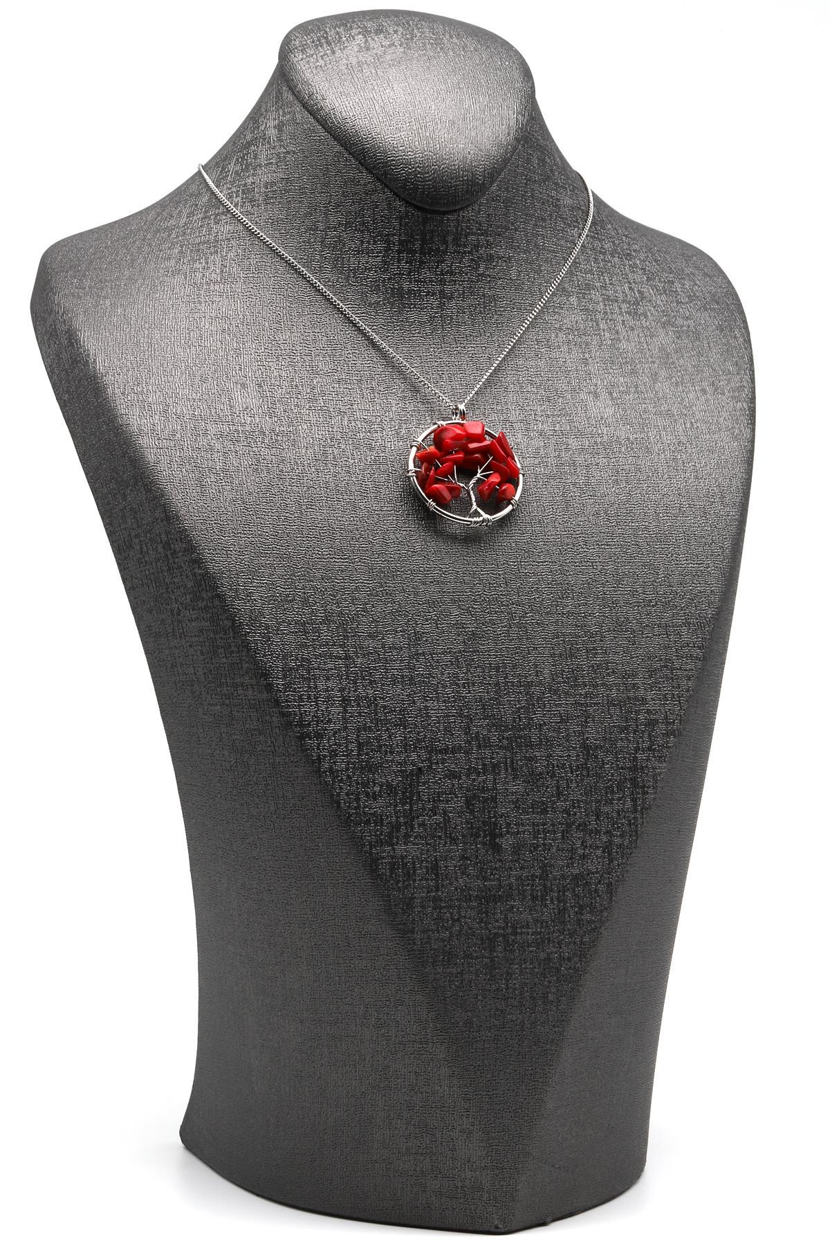 Mercan Doğal Taş Tel Sarmalı Hayat Ağacı Kolye