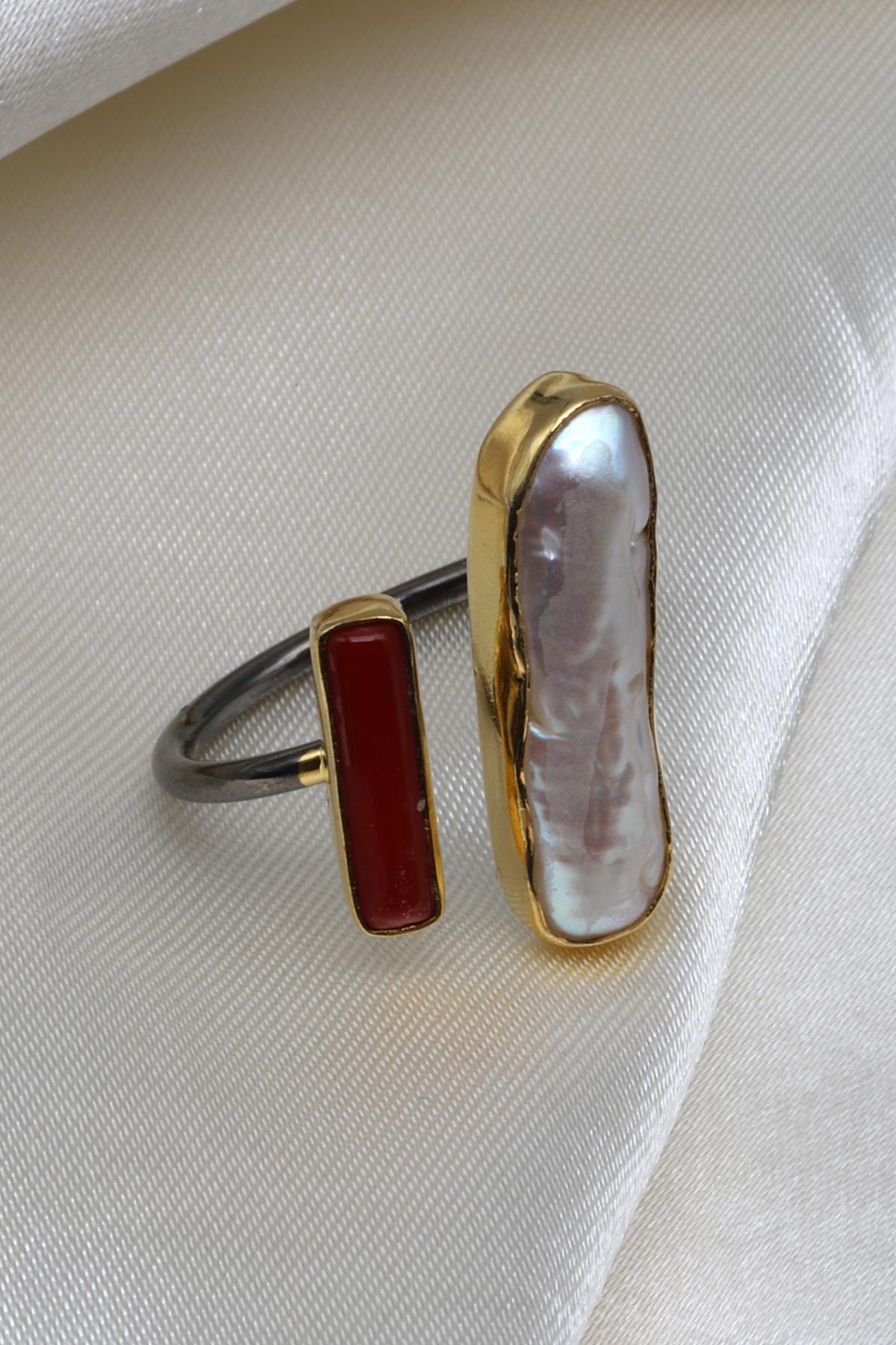 Mercan-İnci Doğal Taş 925 Ayar Gümüş Ayarlanabilir Yüzük