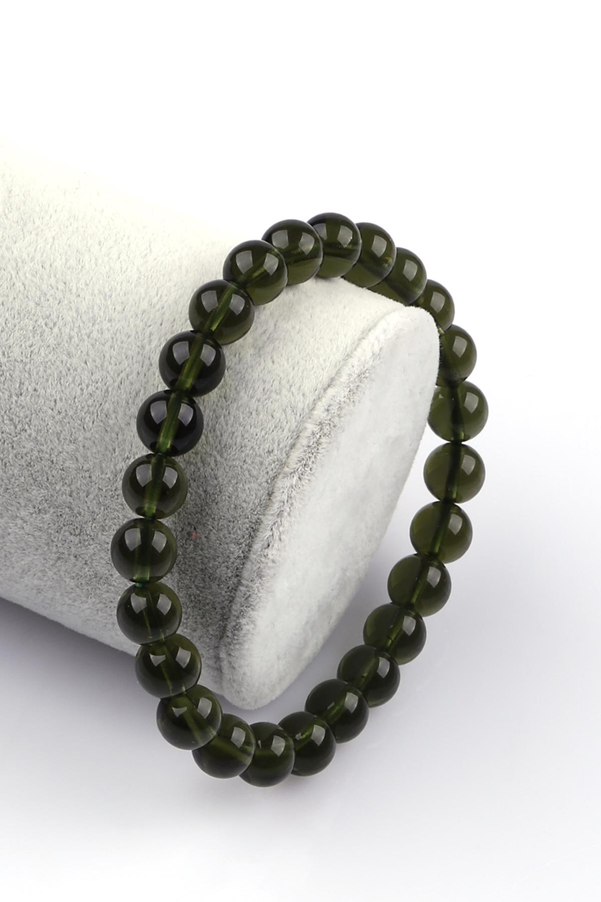 Moldavit Doğal Taş Bileklik 7 mm Küre Kesim