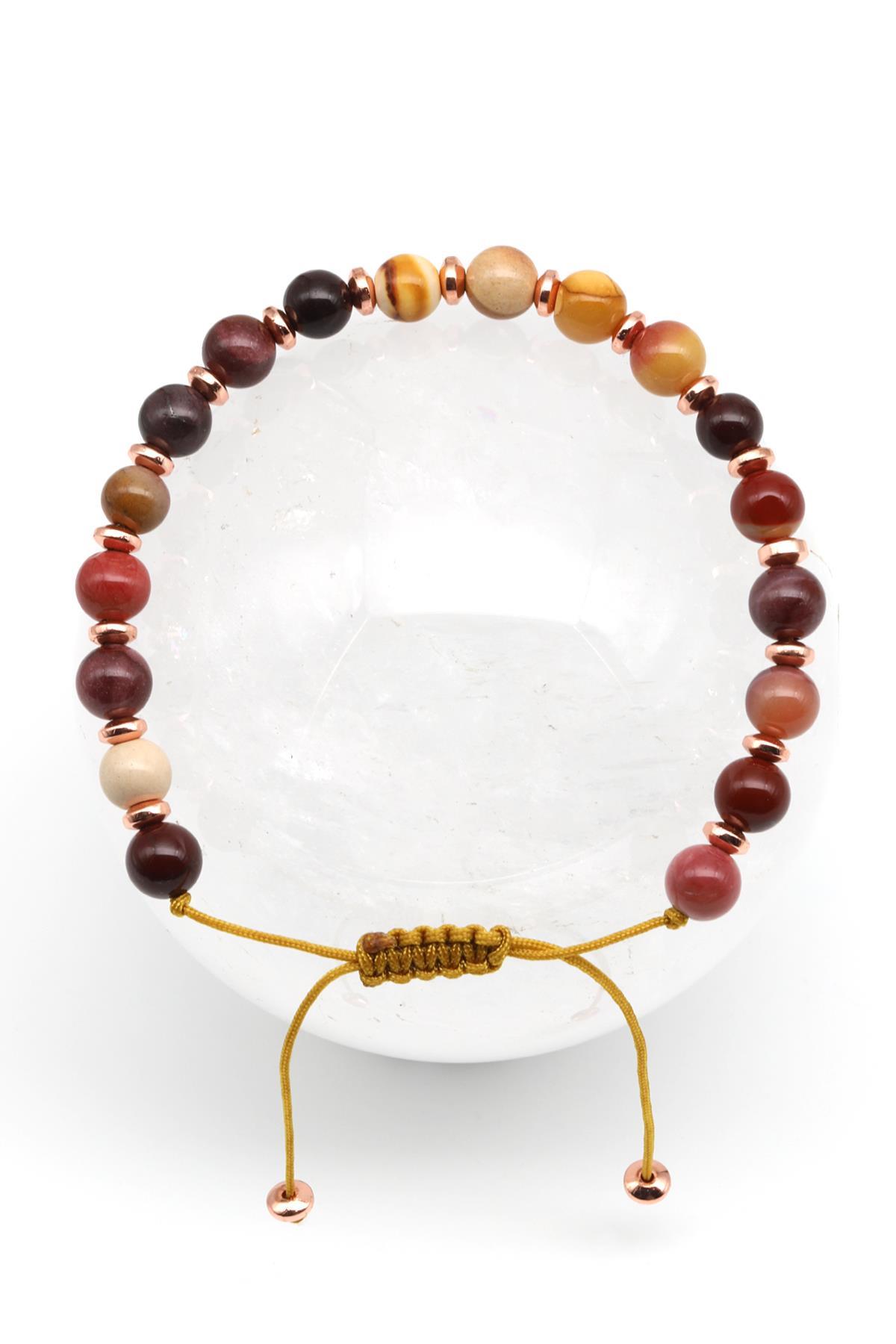 Mookaite Jasper Doğal Taş Makrome Örme Bileklik Küre Kesim