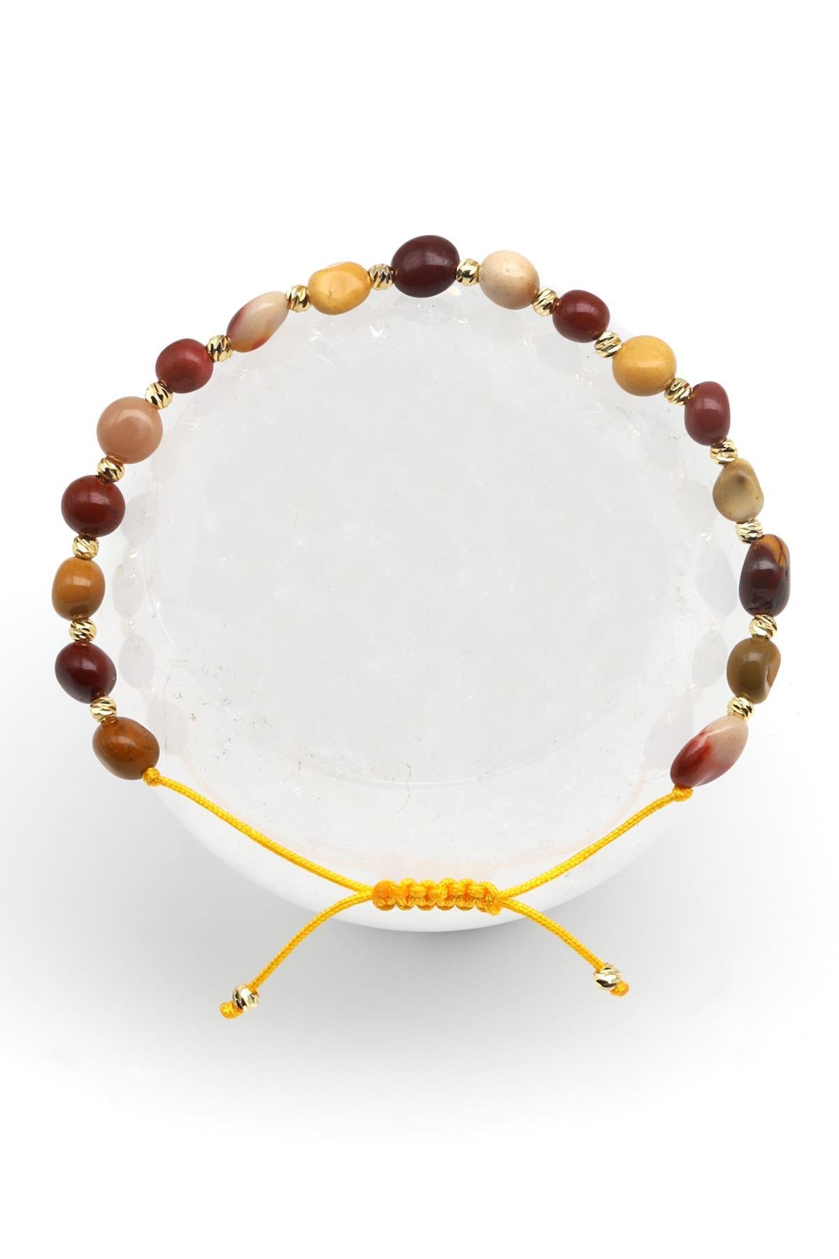 Mookaite Jasper Doğal Taş Makrome Örme Bileklik Mercimek Kesim