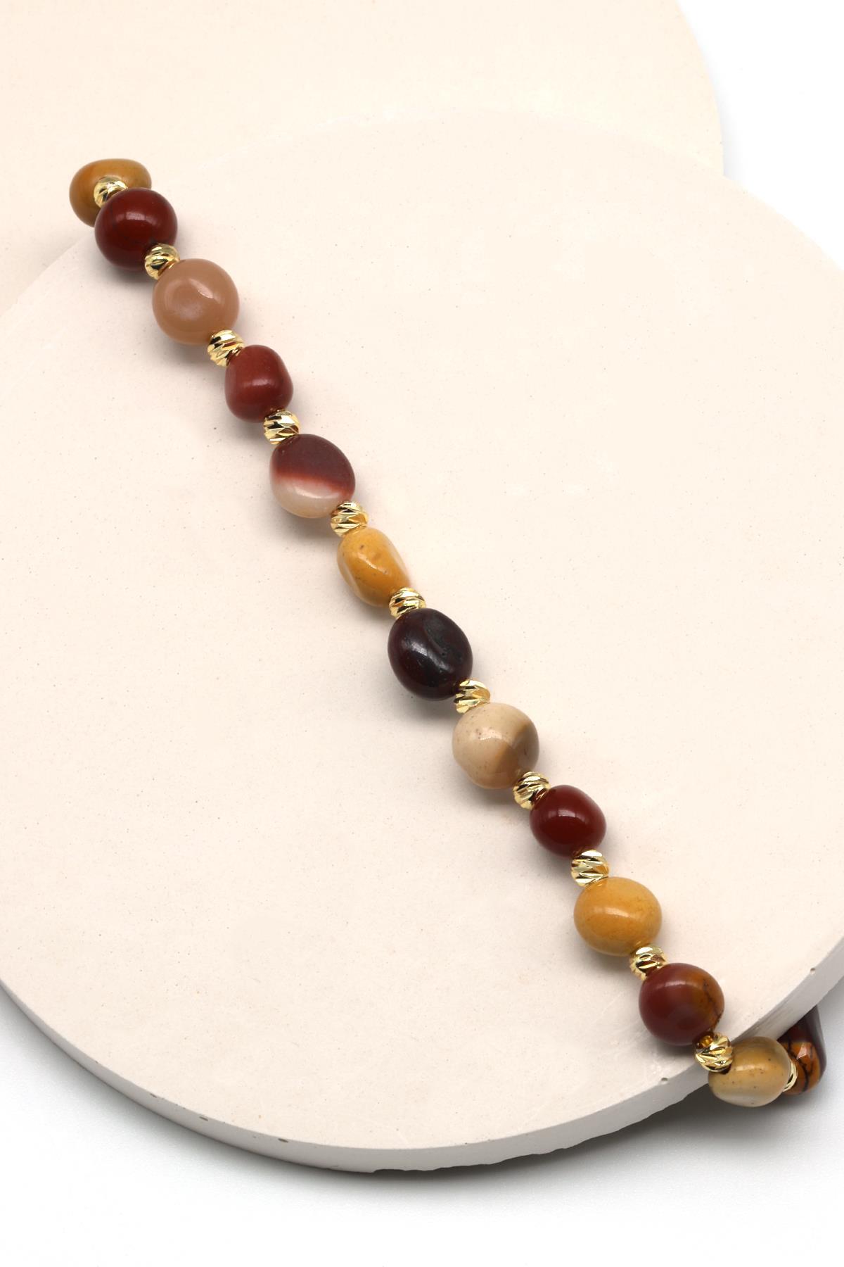 Mookaite Jasper Doğal Taş Makrome Örme Bileklik Mercimek Kesim