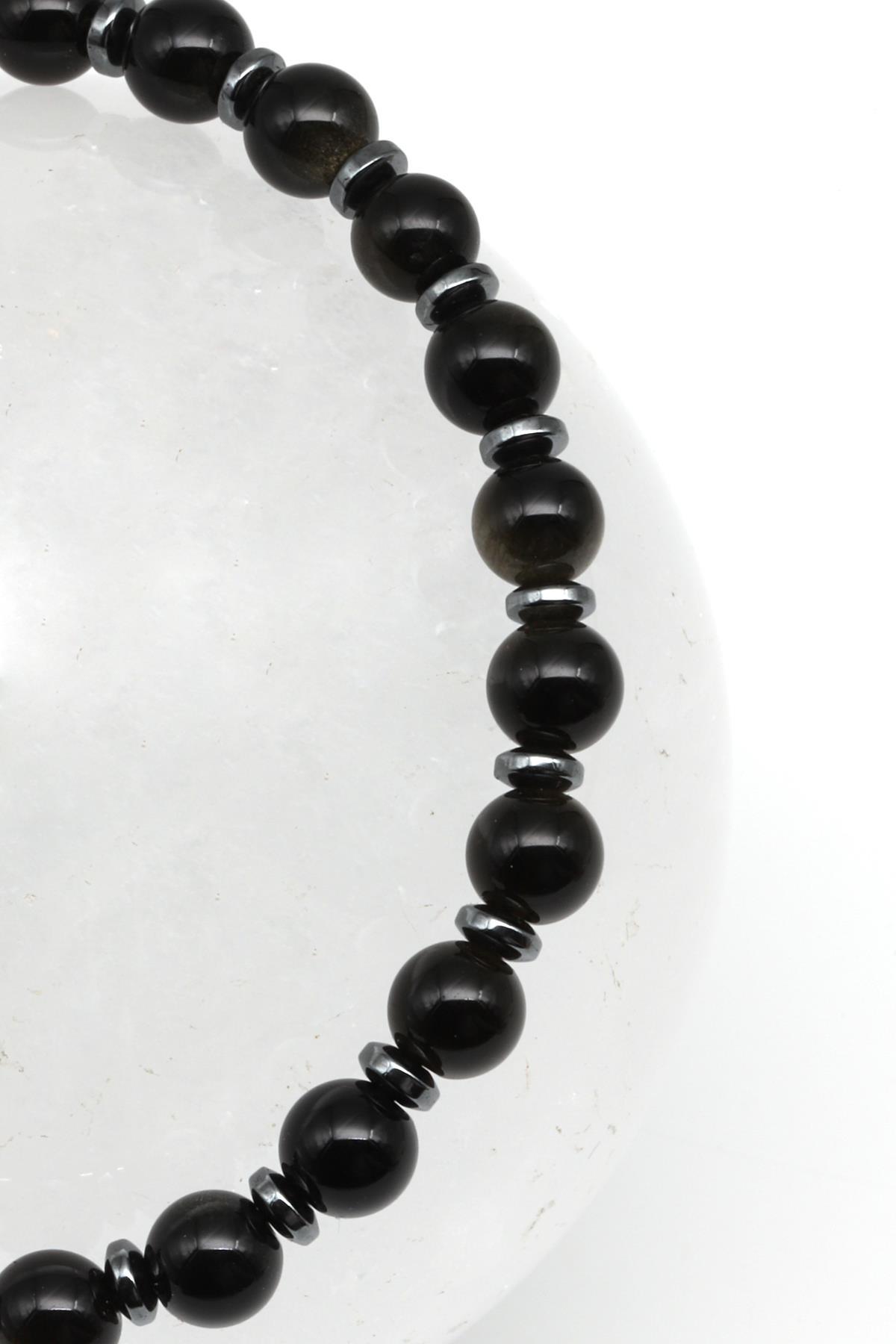 Obsidyen Doğal Taş Makrome Örme Bileklik Küre Kesim