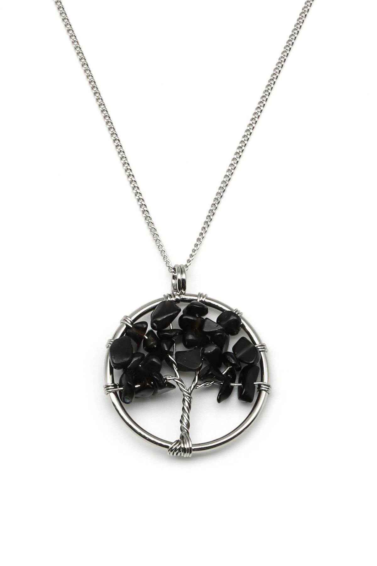 Obsidyen Doğal Taş Tel Sarmalı Hayat Ağacı Kolye