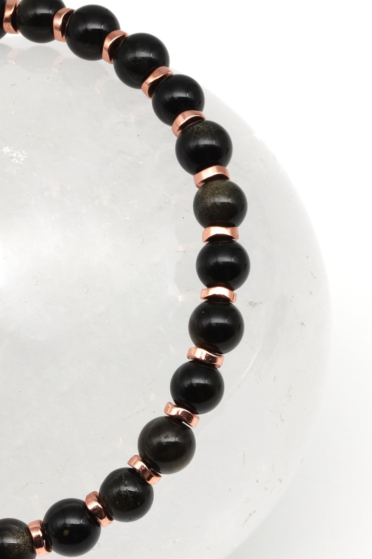 Obsidyen - Hematit Doğal Taş Makrome Örme Bileklik Küre Kesim