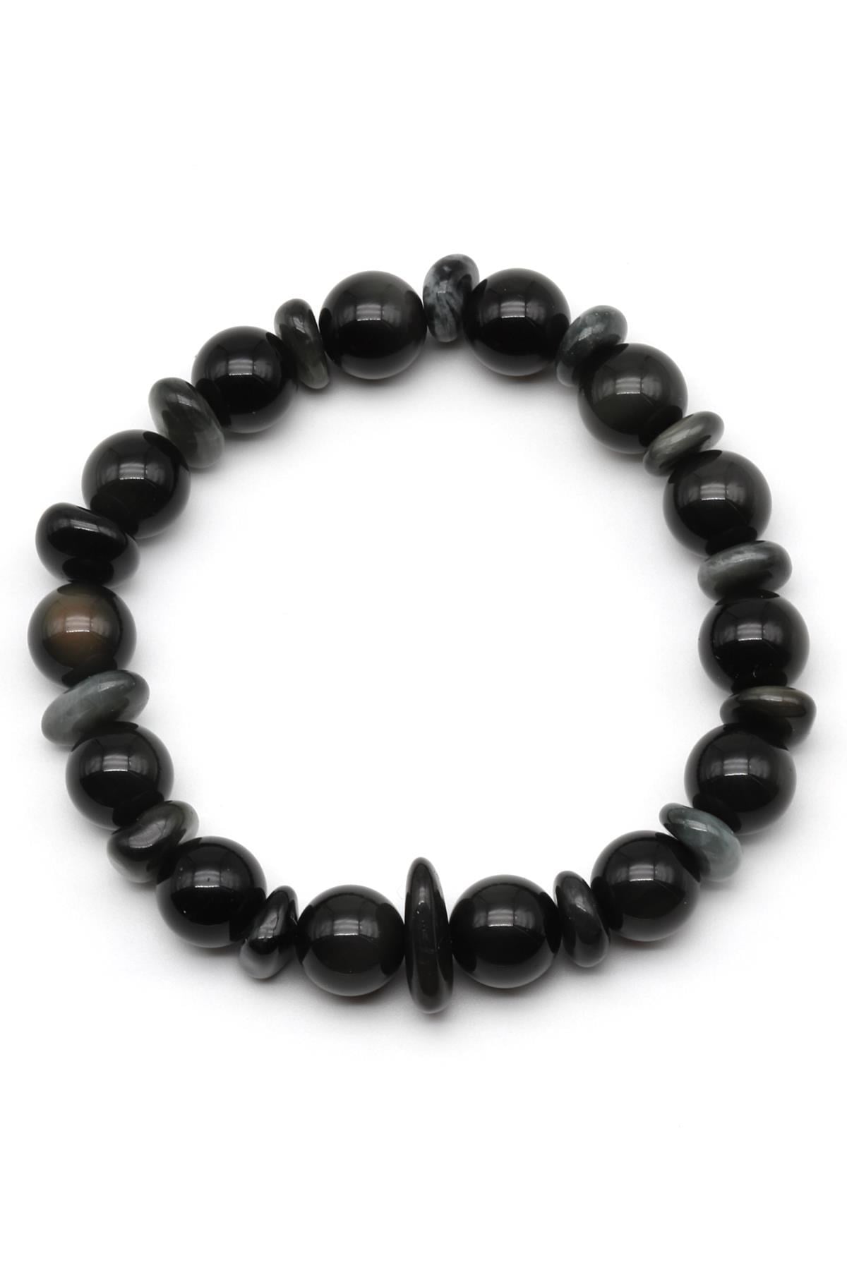Obsidyen-Kedi Gözü Doğal Taş Tasarım Bileklik 10 mm Küre Kesim