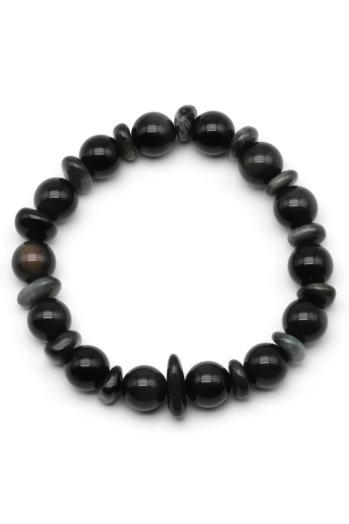 Obsidyen-Kedi Gözü Doğal Taş Tasarım Bileklik 10 mm Küre Kesim